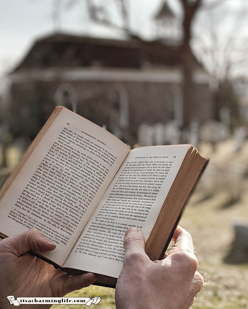 Sleepy Hollow Book Club - Young Ichabood Crane is reading in the old dutch cemetery.