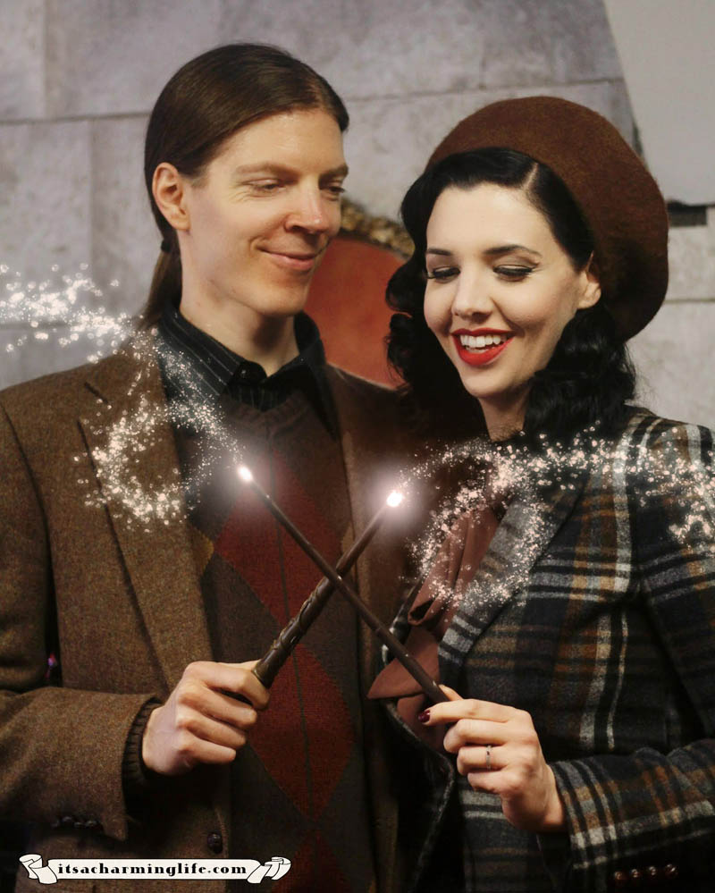 Vintage couple at The Storyteller's Cottage with Hogwarts House colors and wands