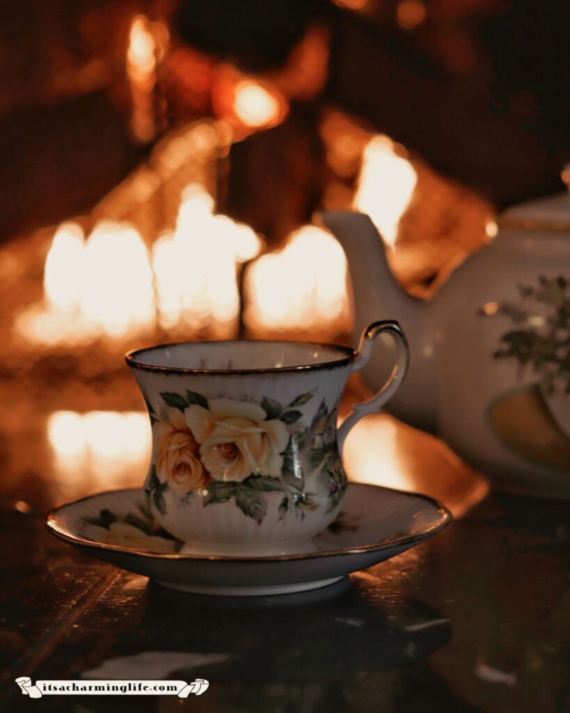 Cozy fireplace tea time